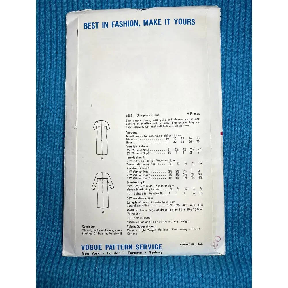 Vogue Pattern 6688 shift dress 1960s sz 14 bust 34 - Picture 3 of 4